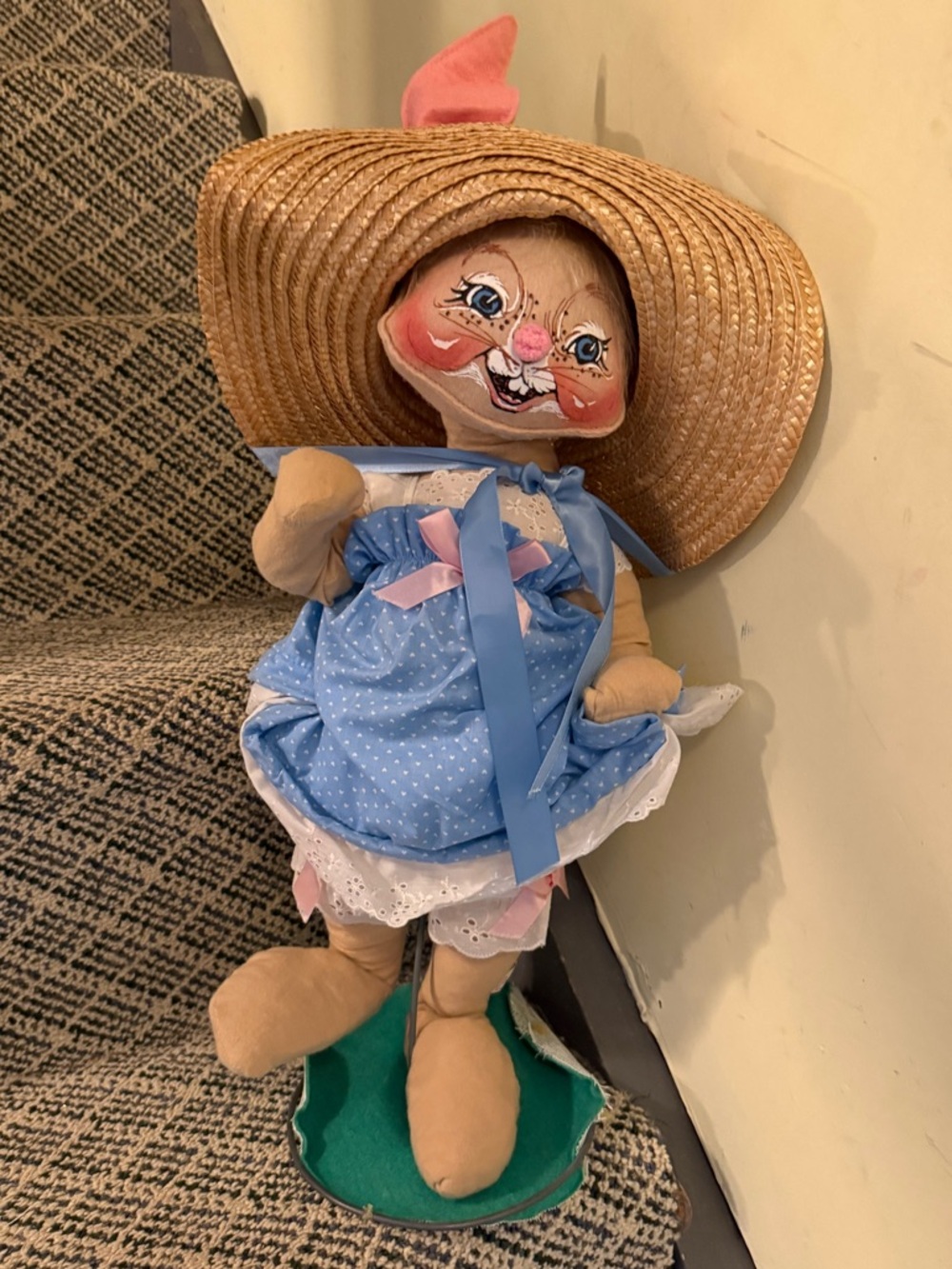 Handmade Bunny Doll in Blue Dress with Straw Hat, vintage Easter decoration